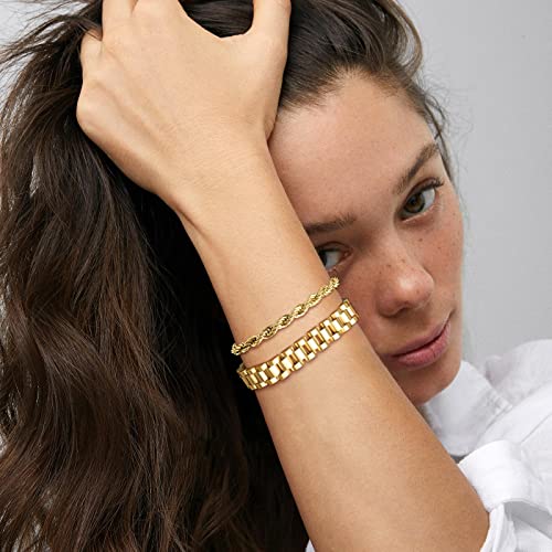 MPRAINBOW 2pcs 18K Gold Plated Chain Link Bracelet, Stainless Steel Crystal Friendship Bracelets Bangle,Watch Band Chains Wristband Jewelry with Adjust Tool - color: Gold-set A