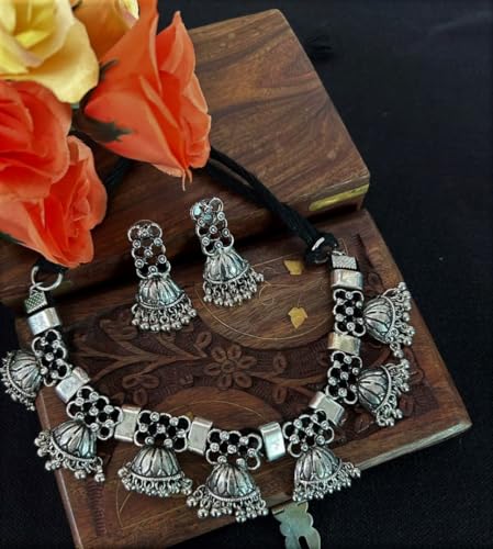 Indian Designer Statement Afghani Silver Oxidised Dual Tone Ethnic Traditional Tassel Choker Necklace Jewelry Women - color: Silver 1