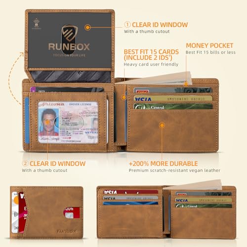 RUNBOX Wallet for Men -Slim Rfid Leather Mens Bifold Novelty Wallets 2 ID Window With Gift Box Men's Accessories | Slim - color: CH YELLOWISH BROWN
