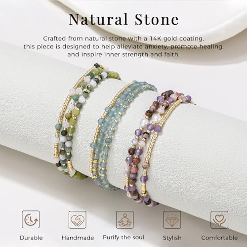 Beaded Bracelets for Women Small Blue Glass Beaded Stretchy Seed Bracelets Stackable Natural Gemstone Crystal 14K Gold Plated Beads Summer Boho Jewelry Gift - color: Amethys