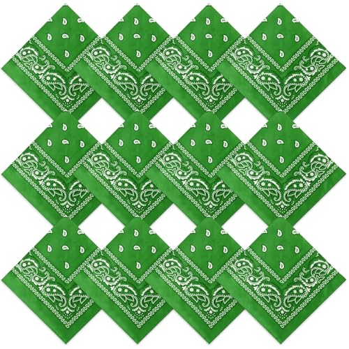 Suhine 12 Pcs Bandanas Bulk for Women Men 22 x 22 Inch Paisley Headband Cowboy Handkerchief Summer Beach Party Costume - color: Grass Green
