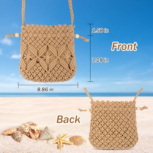Peicees Drawstring Crochet Bag Purse- Woven Crossbody Purse For Women Summer Beach Vacation Travel Boho Shoulder Bag Small - color: Khaki