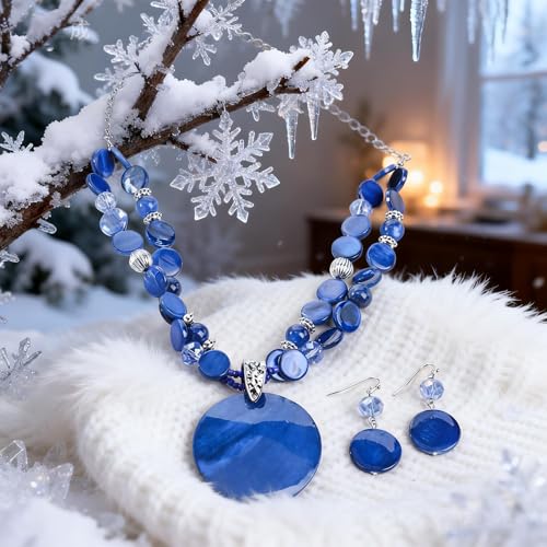 Layered Beads Statement Fashion Necklace Chunky Jewelry Set Big Colorful Glass Stone Circle Shell Pendant Choker Necklace and Earring Set for Women - color: blue