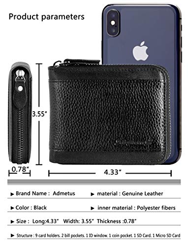 Admetus Mens RFID Blocking Wallets Zipper Leather Wallet for Men Bifold RFID Card Holder - color: Black-21