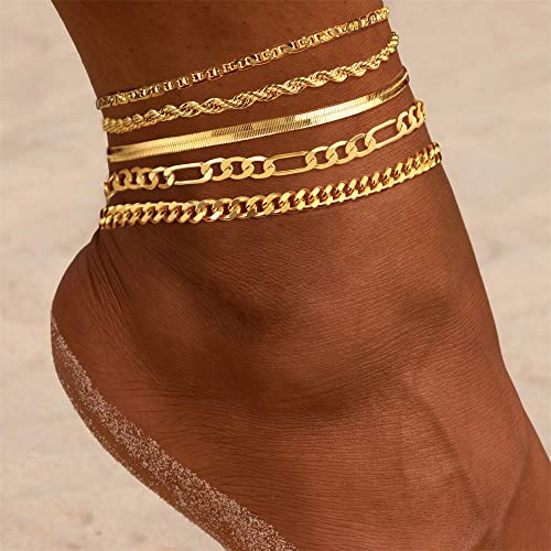 DEARMAY 14K Gold Plated Ankle Bracelets for Women Waterproof - Dainty 6Pcs Anklets Layered Cuban Link Chain Herringbone Cute Anklets Set Pack Summer Beach Jewelry Gift for Women Teen - color: Gold Anklet F