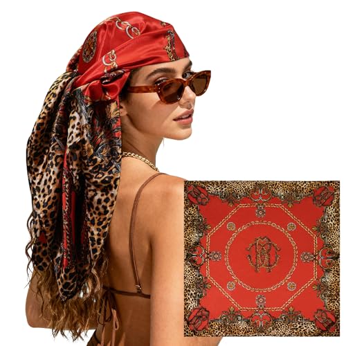 Large Square Head Scarf Bandana - 35" Satin Hair Scarf for Women Like Silk Scarf Fashion Hair Wrapping - color: Leopard Chain(red), size: 35IN*35IN