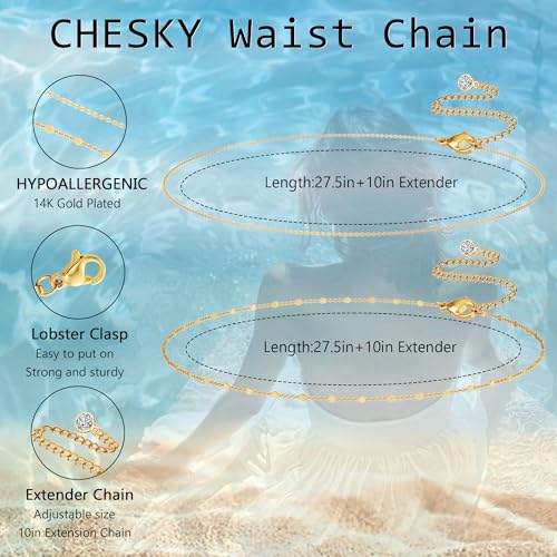 CHESKY 14K Gold Plated Silver Plated Waist Chain for Women, Layered Belly Belt Chains Beach Waist Beads Chain Waterproof Snake Cuban Body Chain Summer Jewelry Accessories for Women - style: thinchain-gd