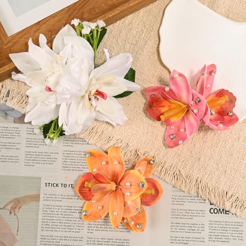 3 PCS Hawaiian Flower Hair Clips for Women，Artificial Flower Clips tropical party decorations，Hibiscus Hair Accessories for Wedding Bridal Beach Party - Orchid & Lily - color: Orchid & Lily