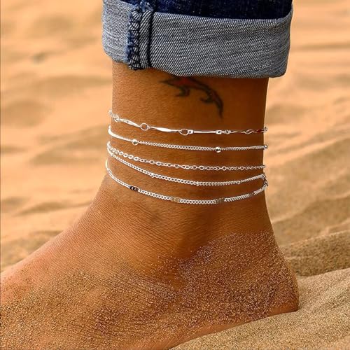 Silver/Gold Anklets for Women, Sterling Silver Evil Eye Ankle Bracelets for Women Trendy Dainty Waterproof Anklets Set Adjustable Layered Anklet Bracelets for Women Silver Jewelry Gift - style: 5Pairs Anklets-Silver