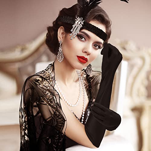 Zhanmai 5 Pcs 1920s Flapper Accessories for Women Roaring 20s Headpiece Shawl Necklace Earring Gloves - color: Black Gold, style: Vintage
