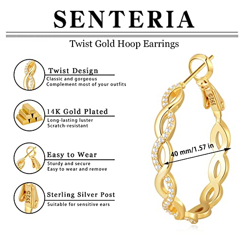 Senteria 925 Sterling Silver Post Hoops Earrings for Women Lightweight Twisted Hoop Earrings With Cubic Zirconia Hypoallergenic Silver Hoops Earrings (20/30/40/50/60MM) - color: gold-40mm