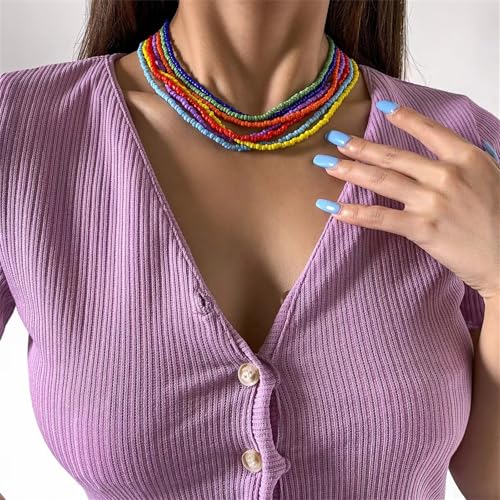 Colorful Beaded Necklace for Women 7Pcs Handmade Rainbow Layered Rice Beaded Necklaces Vintage Seed Bead Choker Necklace Bohemian Hawaiian Beach Adjustable Jewelry Gifts