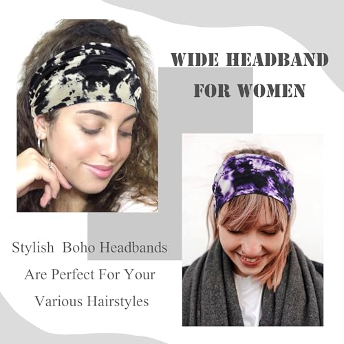 FULZTEY Boho Headbands for Women Tie Dye Head Bands Fashion Knot Wide Headwraps Large African Bandanan Fabric CottonTurban Elastic Yoga Workout Hairbands for Women's Hair Accessories 4Pcs - color: Style 7