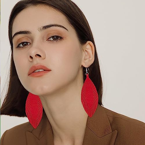 Large Genuine Soft leaf Leather Handmade Fringe Tassel Feather Lightweight Tear Drop Dangle Color Earrings for Women - color: Wine Red