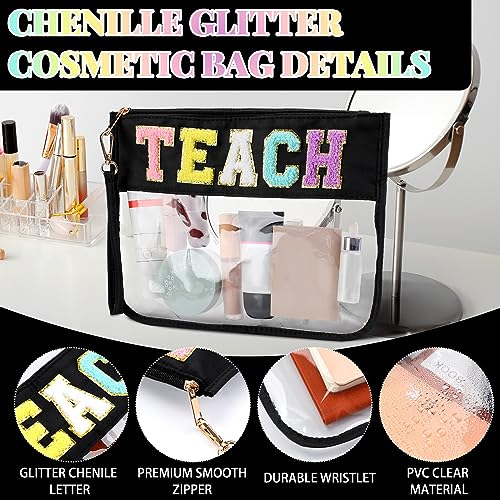 Hillban 2 Pcs Teacher Appreciation Gifts Teach Chenille Letter Clear Makeup Bag Pouch, Monogram PVC Clear Zipper Pouch with Wristlet Travel Cosmetic Bag Graduation Retirement Teacher Gifts for Women - style: Teacher Theme