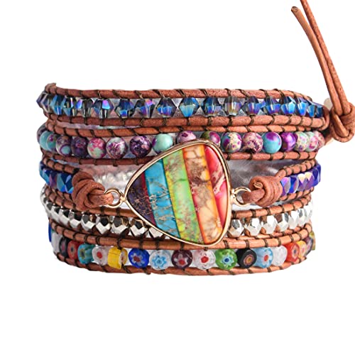 YGLINE Boho Handmade Wrap Leather Tube Crystal Stone Bracelet for Women - color: Chakra 4