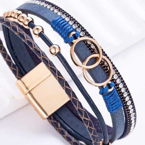 FANCY SHINY Boho Leather Wrap Bracelet Stackable Infinity Chunky Cuff Bracelets Western Hippie Outfits Jewelry Valentine Gifts for Women - color: Navy Blue