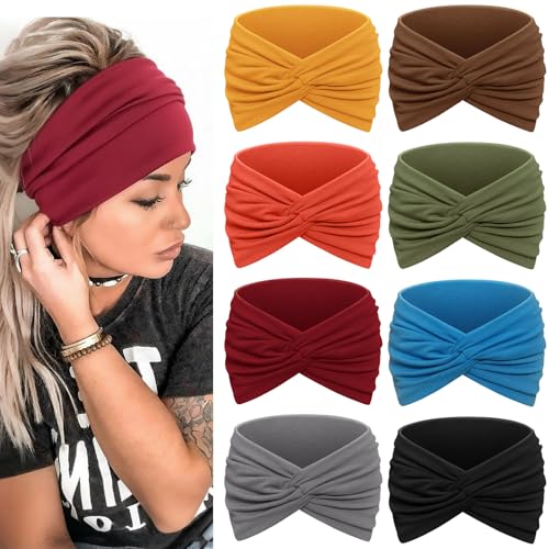 Awumbuk Wide Headbands for Women, 7.08 Inch Thick Boho Turban Style Hair Wraps, Non-Slip Moisture-Wicking Workout Headband for Sports, Yoga, Daily Fashion, 8 Pack Multi Colors (yellow) - color: yellow