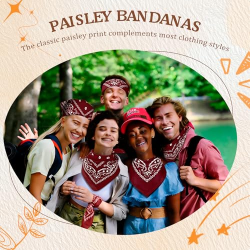 50 Pcs Bandanas Bulk Large Bandana Headband Paisley Cowboy Bandana Scarf Handkerchief for Women Men - color: Burgundy