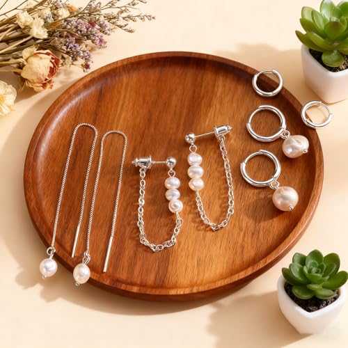 Pearl Earrings for Women, Gold Plated Huggie Hoop Drop Earrings | Hypoallergenic pearl hoop earrings designed for multiple piercings, cartilage styling and everyday wear - style: 4 pearl chain earring set-SL