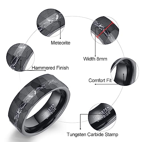 Vakki Personalized Black Tungsten Ring for Men Women Wedding Band Meteorite Inlay Custom Engraved Engagement Ring Polished Domed Comfort Fit Size 7-12 - color: B-Black-Hammered