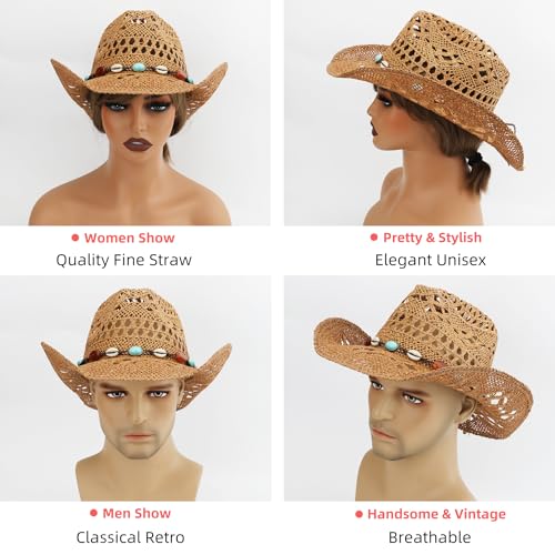 Straw Cowboy Hat for Women and Men with Shapeable Wide Brim Sun Beach Western Cowgirl Hat - color: Khaki-m