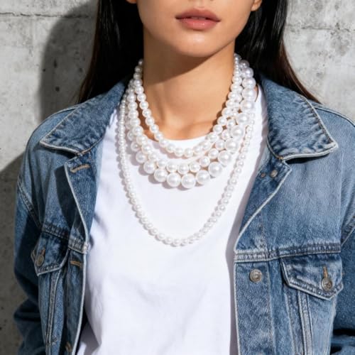 Layered Pearl Necklaces for Women Big Pearl Long Chain Necklace Dainty Faux Pearl Necklaces Statement Sweater Strand Chain Jewelry - style: SetC