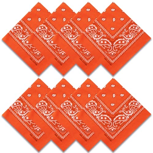 Raylarnia 8 PCS 100% Cotton Bandanas, 22 Inchs Multi-Purpose Bandana Scarfs Headbands for Men and Women - color: 8-orange