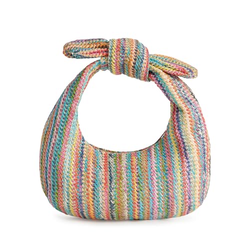 Huralona Women Straw Woven Clutch Purse Pleated Handbag for Summer Beach Vacation Straw Shoulder Crossbody Bag - color: Rainbow4