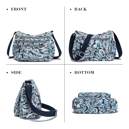 AOCINA Crossbody Bags for Women Multi Pocket Nylon Lightweight Ladies Purses Messenger Shoulder Handbags Satchel Travel Bag - color: Blue Leaf, size: Large