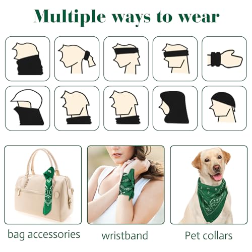 PLULON Bandanas for Men Women 4/12/24/30 Pack, Paisley Pattern Bandana Bulk Headbands Handkerchief Face Mask 100% Polyester - color: Green