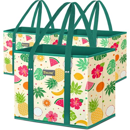BALEINE 3Pk Reusable Grocery Bags, Foldable Shopping Bags for Groceries with Reinforced Bottom & Handles (Hawaiian Brunch) - color: Hawaiian Brunch, size: 3 Pack