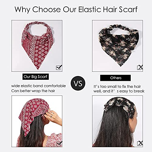 Vercret 6 Pack Hair Scarf Headband for Women Elastic Bandana Head Scarf Large Boho Triangle Kerchief with Clips Non Slip Scarves - color: C Pack Floral