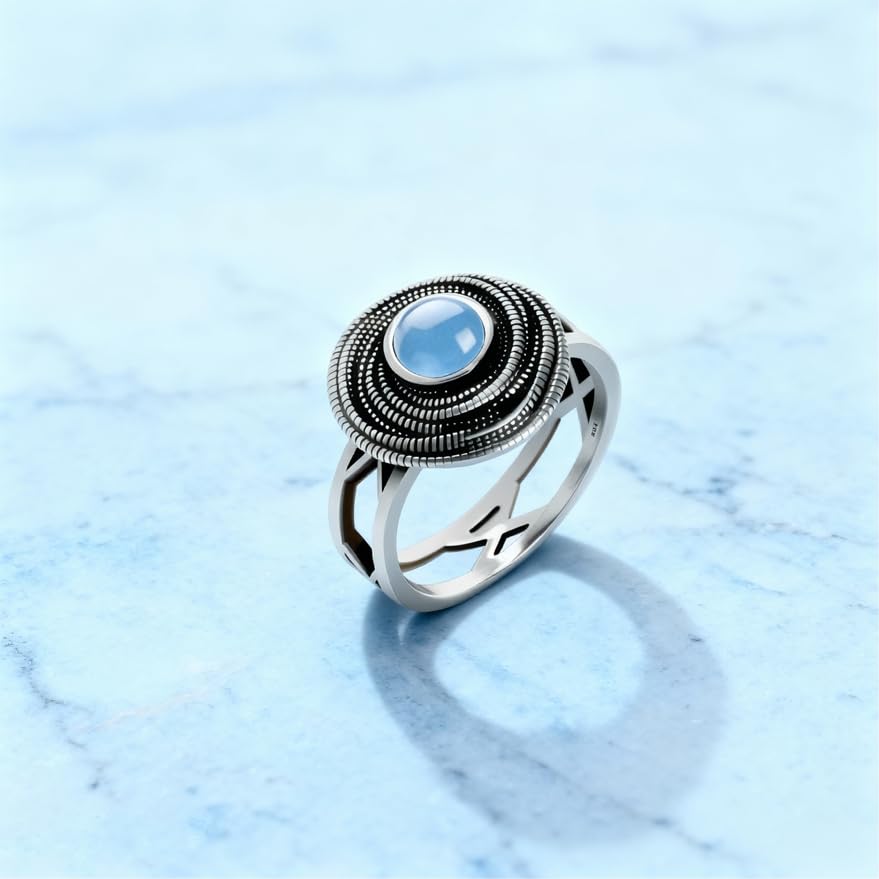 Mulit Circle Cross Lines Thick Top Jade Gem Ring,Silver Plated Cocktail Party Ring,Statement Ring Jewelry Gift for Women - color: RIng_D Empty Blue