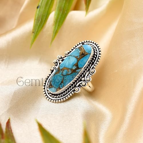 925 Sterling Silver Blue Copper Turquoise Ring for Women – Handmade Oval Statement Ring with Purple Turquoise Option, Vintage Boho Jewelry Gift
