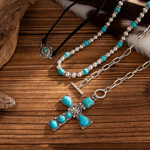 Western Necklaces Boho Turquoise Cross Necklace Set Navajo Pearl Beaded Layered Choker Cowgirl Christian Western Jewelry for Women - color: Style-B