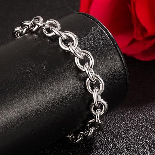 Dankadi 925 Sterling Silver Classic Round Cable Wire Link Bracelet Women Cuban Curb Oval Belcher Link Chain 5.9 to 9 in For Men 24k Gold Plated Cuff Jewelry Gift - color: 8.5MM Silver, size: 7.5 inch