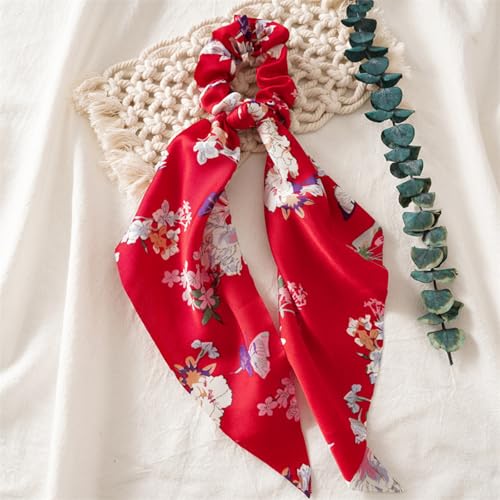 Boho Hair Scarf Scrunchies, 12” Floral Satin Bow Ties Long Bandana, French-Inspired Cheetah Ribbon Ponytail Holder Hair Accessories (Floral, 4 Pack) - color: Floral
