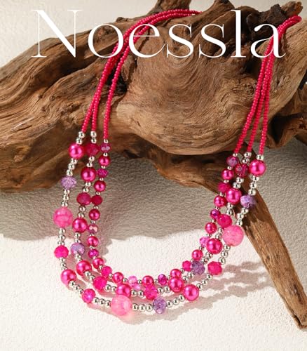 Noessla Beaded Statement Necklaces for Women Layered Chunky Bead Necklace Fashion Costume Jewelry Gifts for Mom - color: Hot Pink
