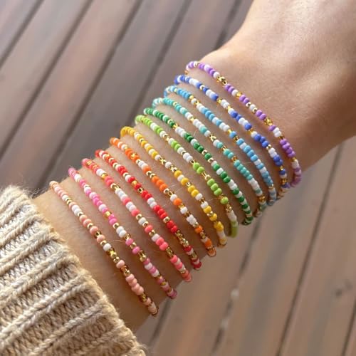 Colorful Stackable Seed Beaded Bracelets Set For Women, Boho Handmade Trendy Cute Stretch Accessories ball Glass Versatile Candy Jewelry, Summer Beach Daily Party Holiday Friendship Gift - color: Candy