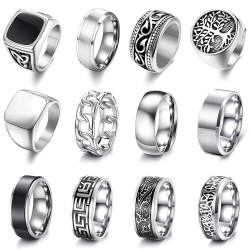 12 Pcs Stainless Steel Vintage Ring for Men Carving Celtic Sliver Band Rings Set Men Rings Jewelry - color: Silver