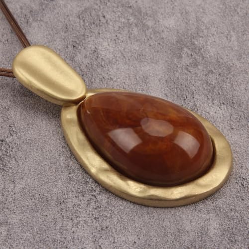 GelConnie Long Necklaces for Women Boho Large Pendant Necklace Casual Bohemian Brown Leather Choker Sweater Circle Statement Stone Necklace - style: Red Gold Long Necklace