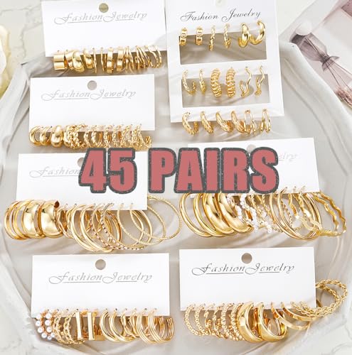 36 Pairs Gold Hoop Earrings Set for Women, Chunky Gold Earrings Multipack, Trendy Silver Hoop Earring Pack Jewelry - color: Style2-gold