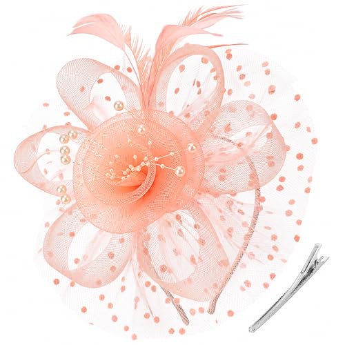DRESHOW Fascinators Hat Flower Mesh Ribbons Feathers on a Headband and a Clip Tea Party Headwear for Girls and Women - color: 7" Diameter / Champagne