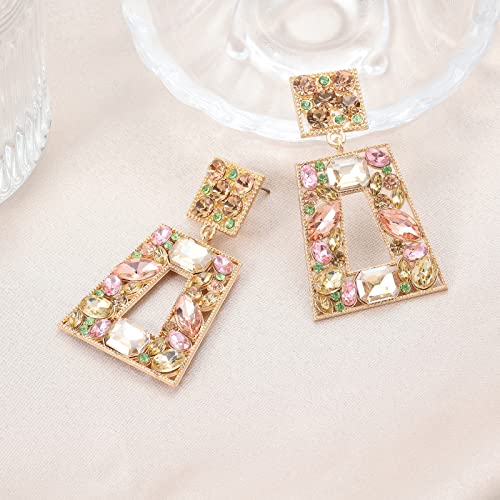 Rhinestone Rectangle Statement Earrings Colorful Crystal Geometric Drop Dangle Earrings for Women Prom Party - color: champagne