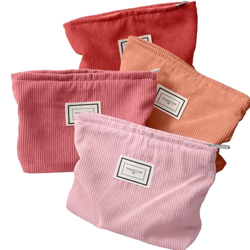 Sanwuta 4 Pack Velvet Makeup Bag Cosmetic Bag for Women Large Capacity Corduroy Pouch Zipper Canvas Travel Toiletry Purse Make up Organizer Case Accessories(Red Series,Plaid) - color: Red Series