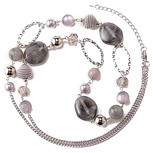 BULINLIN Beaded Long Necklace for Women Silver Sweater Chain Necklace with Crystal Resin Beads, Fashion Jewelry Necklace - color: Grey