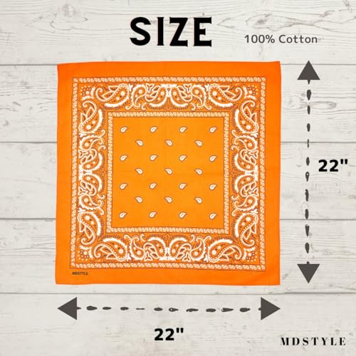 MDSTYLE 6 Pack 100% Cotton Bandanas 22” x 22" for Men & Women Paisley Handkerchief Headband Scarf Bandana - color: Orange
