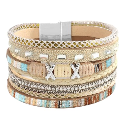 Fesciory Leopard Bracelet for Women, Boho Leather Wrap Multi-Layer Pearl Crystal Bracelet Bangle Jewelry - style: Bohemian