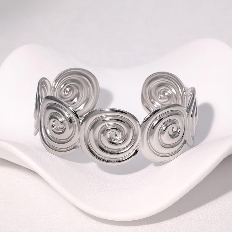 YWMAN Spiral Adjustable Cuff Bracelet, Chunky Swirl Open Bangle, Stainless Steel Boho Statement Jewelry for Women